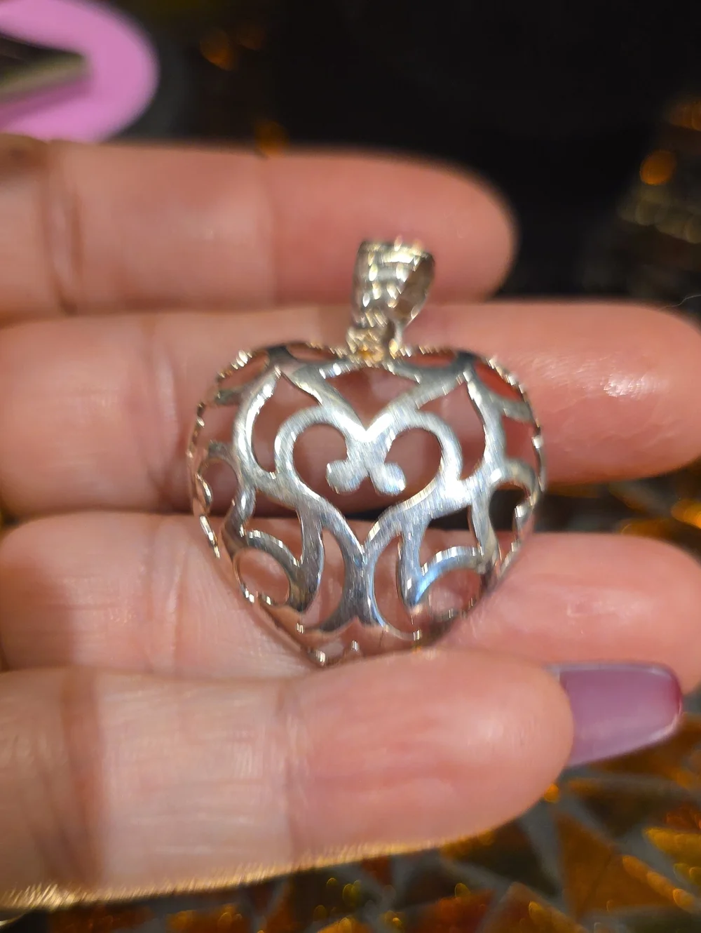 Heart Filigree Pendant Necklace - Silver Tone